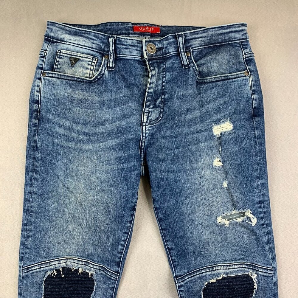 Guess Mens Pants 32 Blue Distressed Moto Jeans Slim Ripped Streetwear 32x30 - Picture 2 of 12
